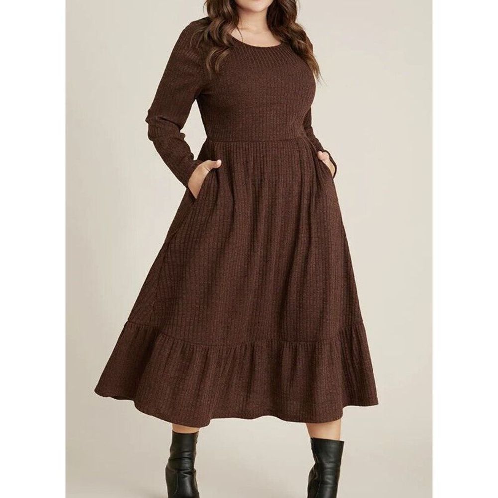 119 BLOOMCHIC Pocket rib knit ruffle hem midi Dress CHOCOLATE size 18-20 / 2X